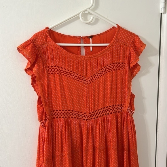Free People Retro Kitty Crochet Boho Mini Dress Orange Floral Size S - Picture 5 of 10
